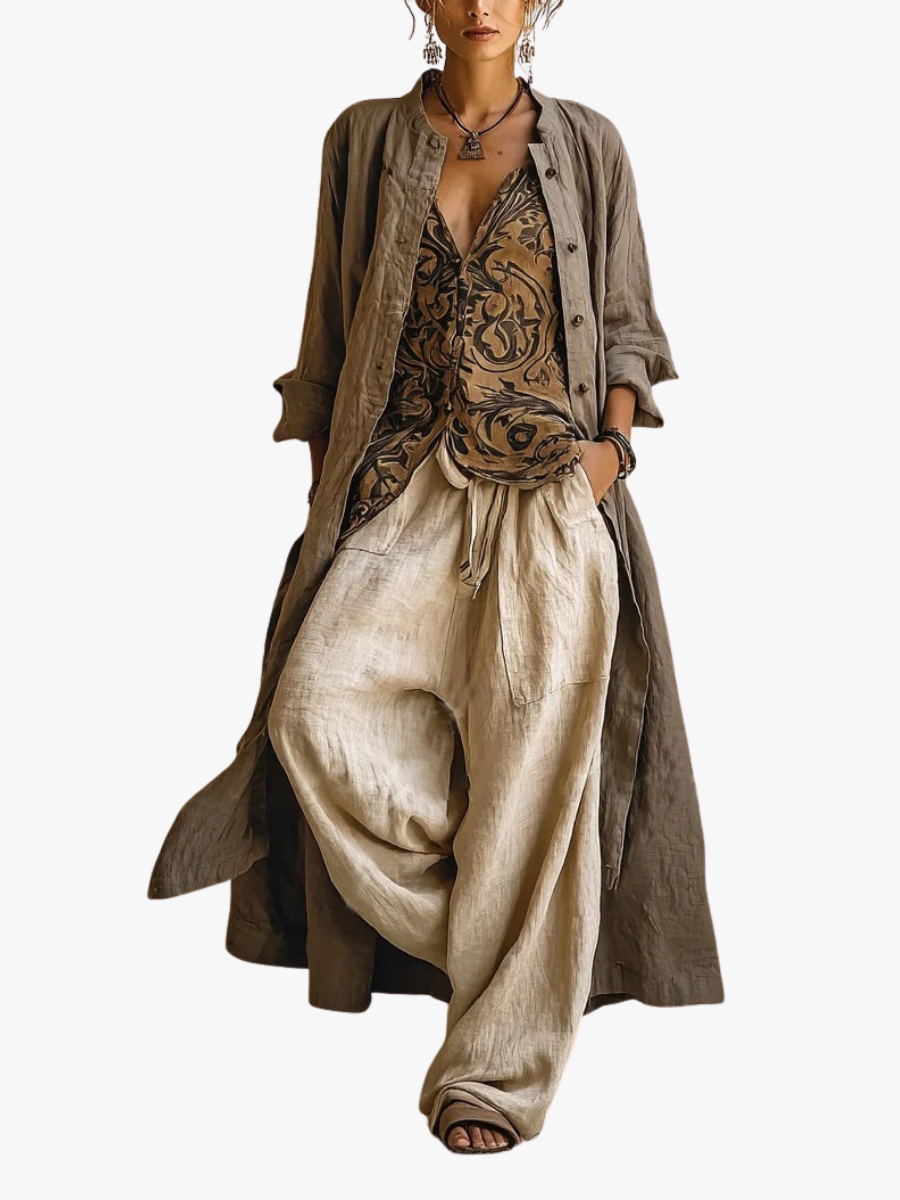 Conjunto de lino de tres piezas para mujer